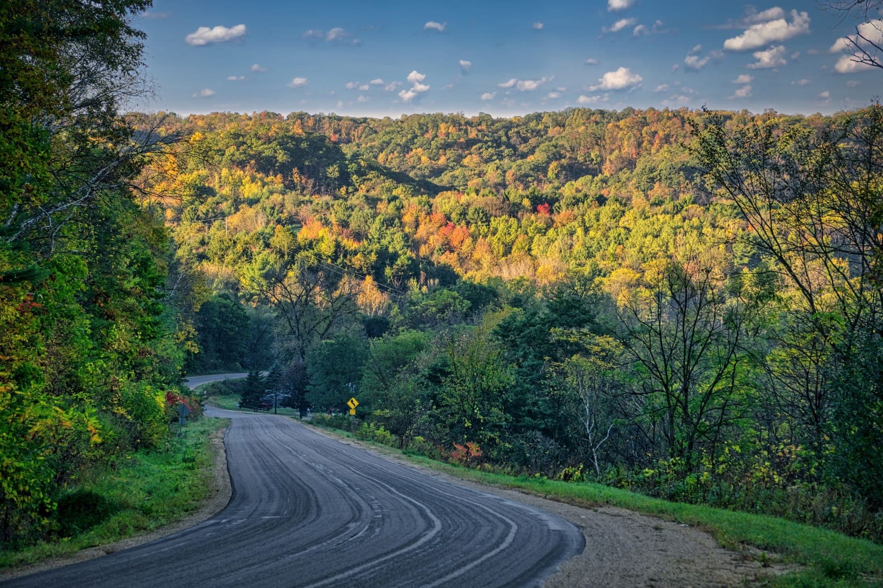 A two-lane road winding through fall color in the Driftless hills